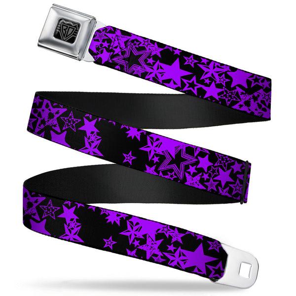 buckle down BD Wings Logo CLOSE-UP Full Color Black Silver Seatbelt Belt - Stargazer Black/Purple Webbing
