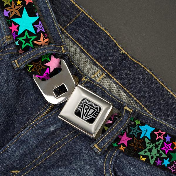 Buckle Down BD Wings Logo CLOSE-UP Full Color Black Silver Seatbelt Belt - Stargazer Black/Multi Color Webbing