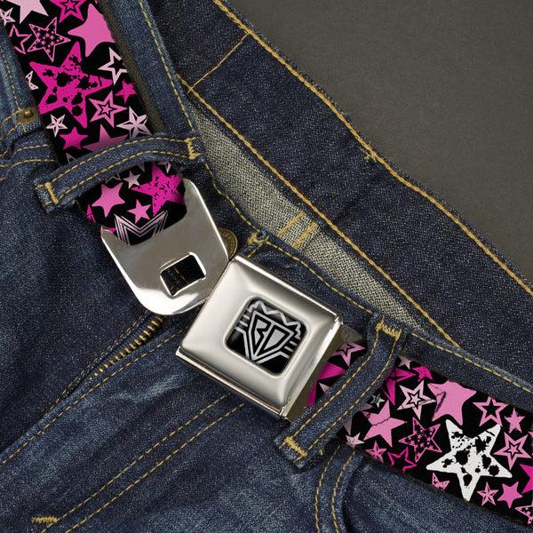 Buckle Down BD Wings Logo CLOSE-UP Full Color Black Silver Seatbelt Belt - Stargazer Black/Pink Webbing