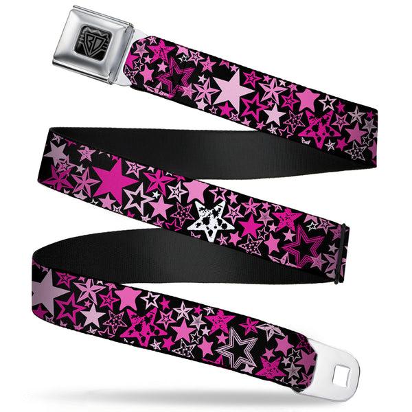 buckle down BD Wings Logo CLOSE-UP Full Color Black Silver Seatbelt Belt - Stargazer Black/Pink Webbing