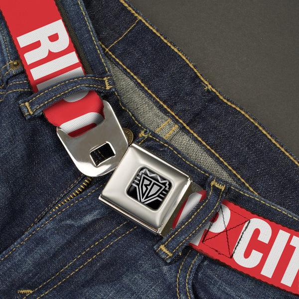Buckle Down BD Wings Logo CLOSE-UP Full Color Black Silver Seatbelt Belt - RIP CITY Red/White Webbing