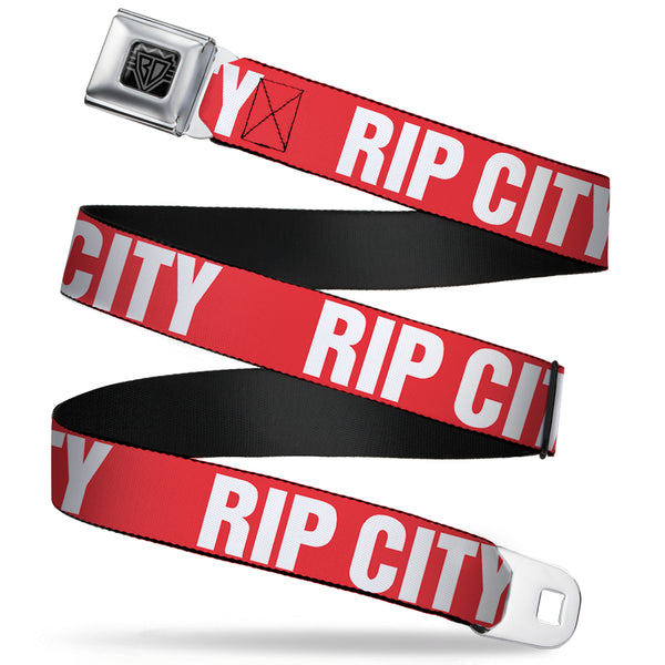 buckle down BD Wings Logo CLOSE-UP Full Color Black Silver Seatbelt Belt - RIP CITY Red/White Webbing