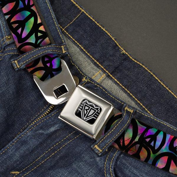 Buckle Down BD Wings Logo CLOSE-UP Full Color Black Silver Seatbelt Belt - Peace Psychedelic Webbing