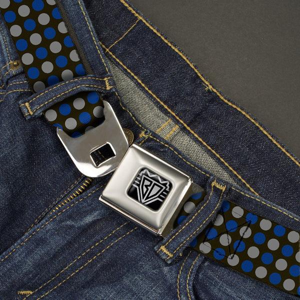 Buckle Down BD Wings Logo CLOSE-UP Full Color Black Silver Seatbelt Belt - Mini Polka Dots Black/Blue/Gray Webbing