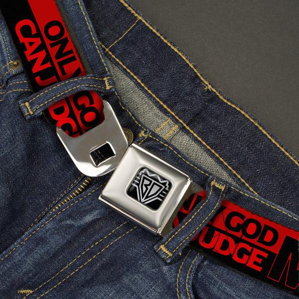 Buckle Down BD Wings Logo CLOSE-UP Full Color Black Silver Seatbelt Belt - ONLY GOD CAN JUDGE ME/Stripe Red/Black/Red Webbing