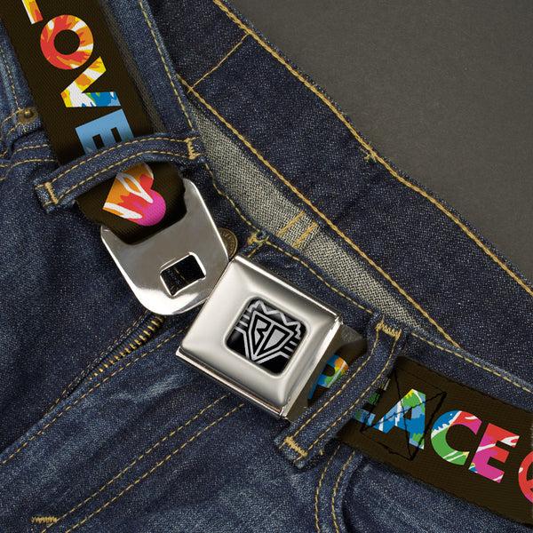 Buckle Down BD Wings Logo CLOSE-UP Full Color Black Silver Seatbelt Belt - LOVE IS LOVE-PEACE IS PEACE/Symbol Black/Tie Dye Webbing
