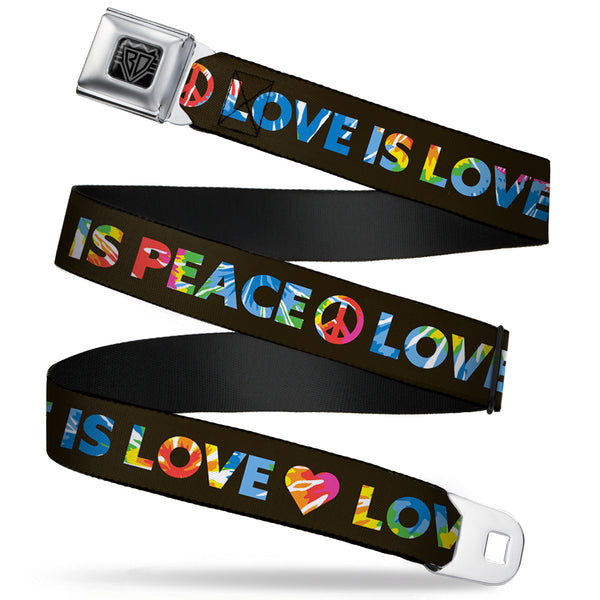 buckle down BD Wings Logo CLOSE-UP Full Color Black Silver Seatbelt Belt - LOVE IS LOVE-PEACE IS PEACE/Symbol Black/Tie Dye Webbing