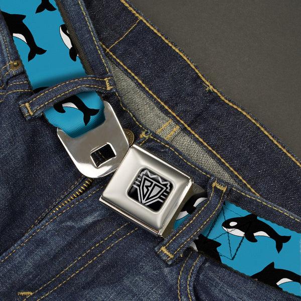 Buckle Down BD Wings Logo CLOSE-UP Full Color Black Silver Seatbelt Belt - Killer Whales Scattered Blue/Black/White Webbing