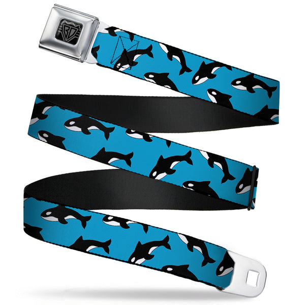 buckle down BD Wings Logo CLOSE-UP Full Color Black Silver Seatbelt Belt - Killer Whales Scattered Blue/Black/White Webbing