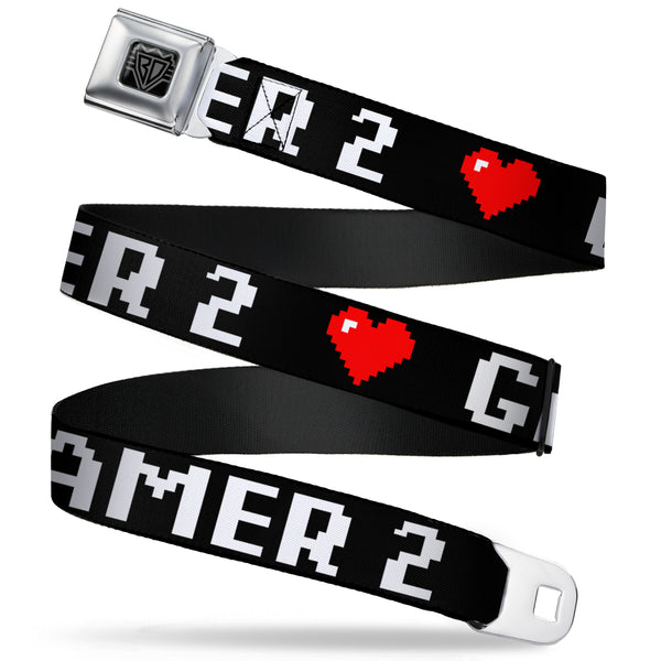 buckle down BD Wings Logo CLOSE-UP Full Color Black Silver Seatbelt Belt - GAMER 2/Heart 8-Bit Black/White/Red Webbing