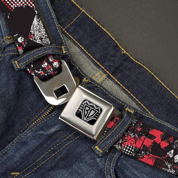 Buckle Down BD Wings Logo CLOSE-UP Full Color Black Silver Seatbelt Belt - Grunge Checker Flag Red Webbing