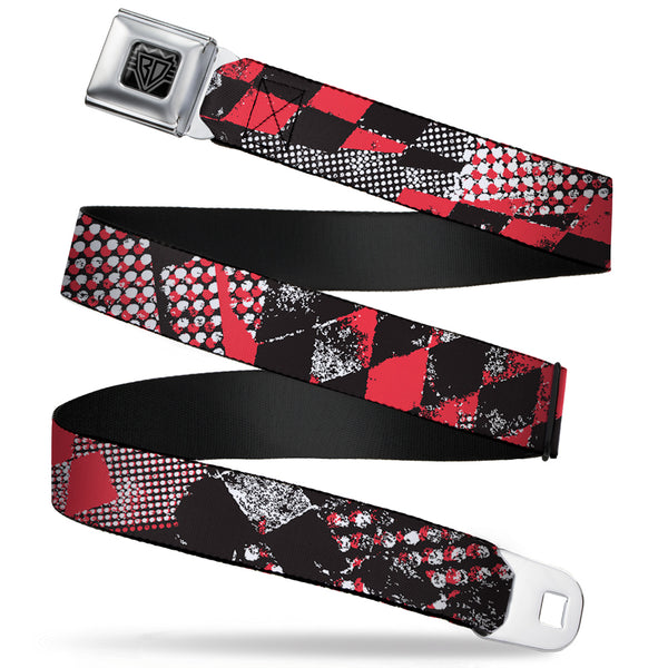 buckle down BD Wings Logo CLOSE-UP Full Color Black Silver Seatbelt Belt - Grunge Checker Flag Red Webbing