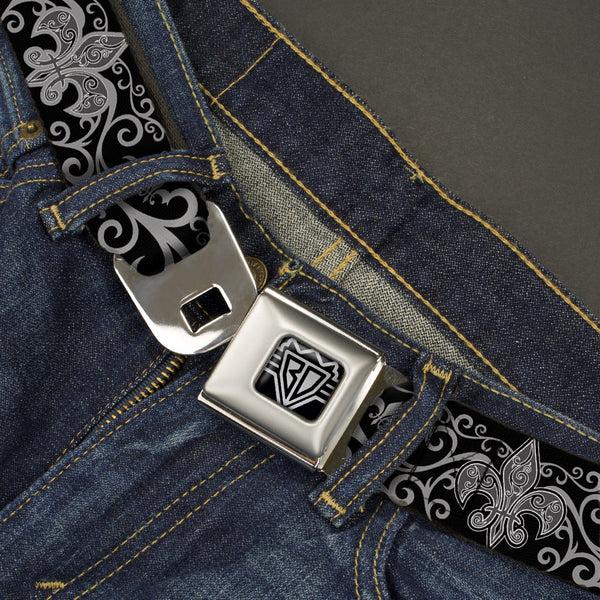 Buckle Down BD Wings Logo CLOSE-UP Full Color Black Silver Seatbelt Belt - Fleur-de-Lis W/Filigree Black/Gray Webbing