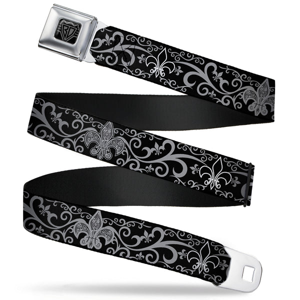 buckle down BD Wings Logo CLOSE-UP Full Color Black Silver Seatbelt Belt - Fleur-de-Lis w/Filigree Black/Gray Webbing
