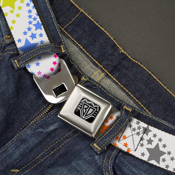 Buckle Down BD Wings Logo CLOSE-UP Full Color Black Silver Seatbelt Belt - Falling Stars White/Multi Color Webbing