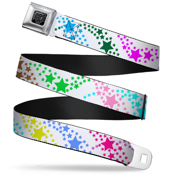 buckle down BD Wings Logo CLOSE-UP Full Color Black Silver Seatbelt Belt - Falling Stars White/Multi Color Webbing