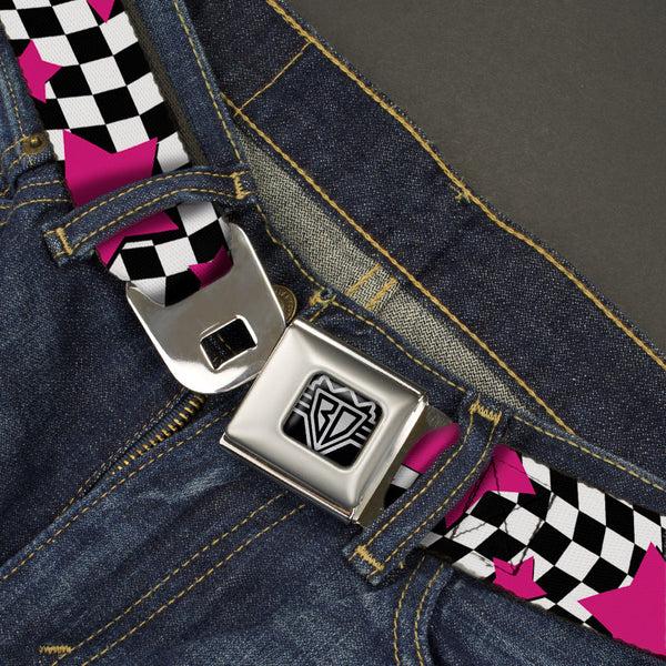 Buckle Down BD Wings Logo CLOSE-UP Full Color Black Silver Seatbelt Belt - Checker & Stars Black/White/Pink Webbing