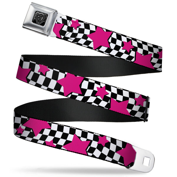 buckle down BD Wings Logo CLOSE-UP Full Color Black Silver Seatbelt Belt - Checker & Stars Black/White/Pink Webbing
