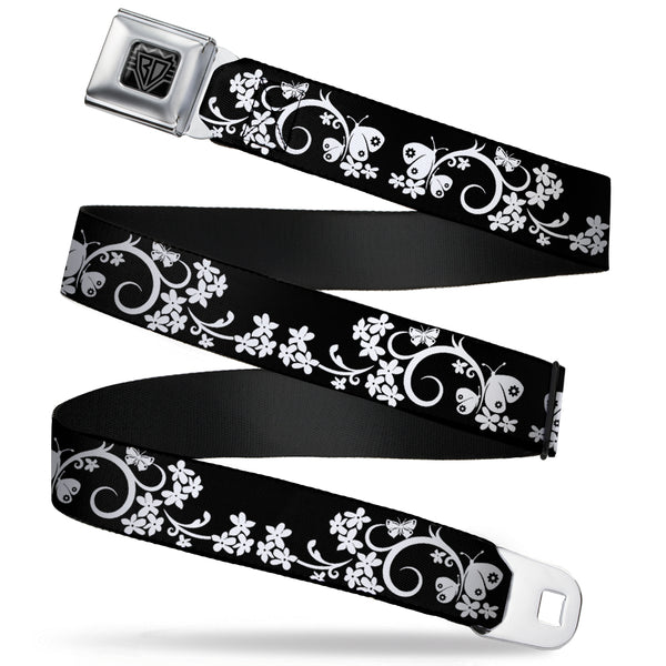 buckle down BD Wings Logo CLOSE-UP Full Color Black Silver Seatbelt Belt - Butterfly Garden2 Black/White Webbing