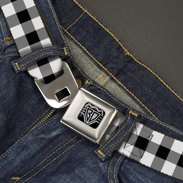 Buckle Down BD Wings Logo CLOSE-UP Full Color Black Silver Seatbelt Belt - Buffalo Plaid Black/White Webbing