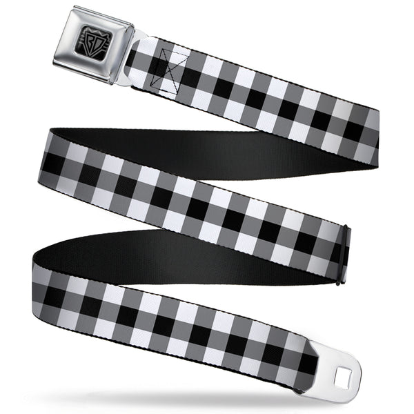 buckle down BD Wings Logo CLOSE-UP Full Color Black Silver Seatbelt Belt - Buffalo Plaid Black/White Webbing