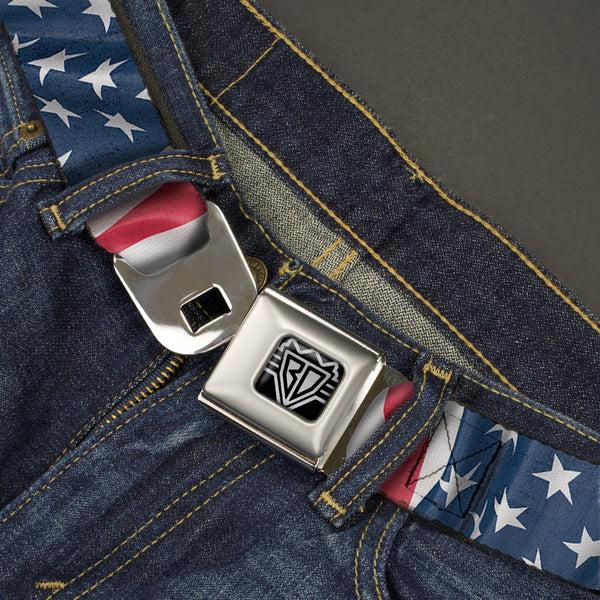Buckle Down BD Wings Logo CLOSE-UP Full Color Black Silver Seatbelt Belt - American Flag Vertical CLOSE-UP Webbing