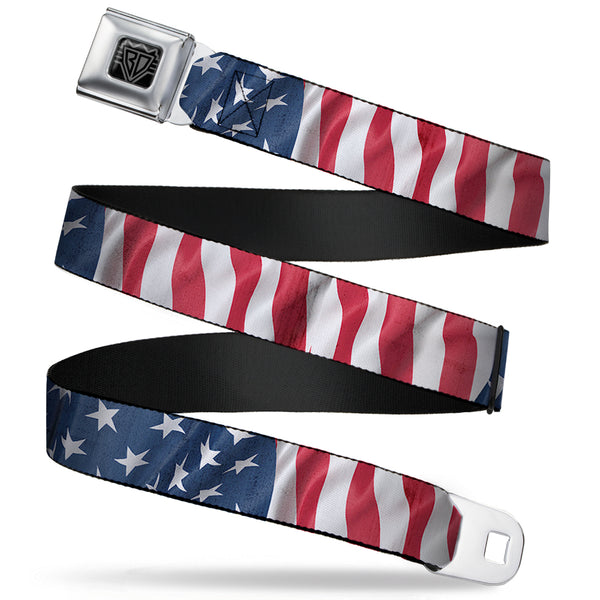 buckle down BD Wings Logo CLOSE-UP Full Color Black Silver Seatbelt Belt - American Flag Vertical CLOSE-UP Webbing