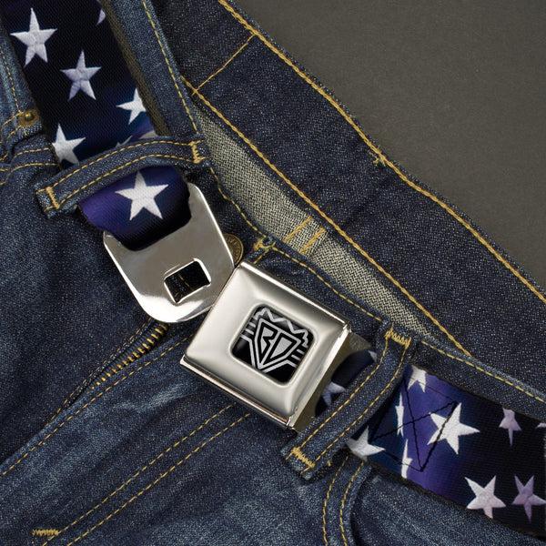 Buckle Down BD Wings Logo CLOSE-UP Full Color Black Silver Seatbelt Belt - American Flag Vivid Stars Blue/White Webbing