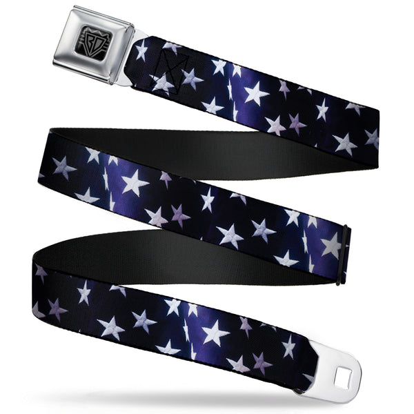 buckle down BD Wings Logo CLOSE-UP Full Color Black Silver Seatbelt Belt - American Flag Vivid Stars Blue/White Webbing