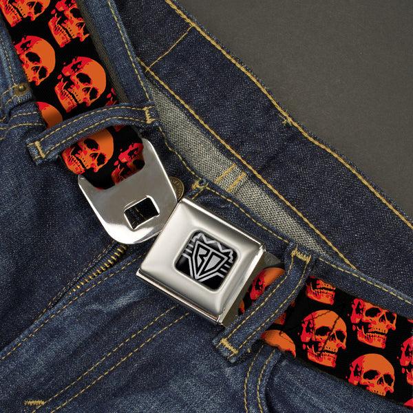 Buckle Down BD Wings Logo CLOSE-UP Full Color Black Silver Seatbelt Belt - 3-D Skulls Repeat Black/Reds Webbing