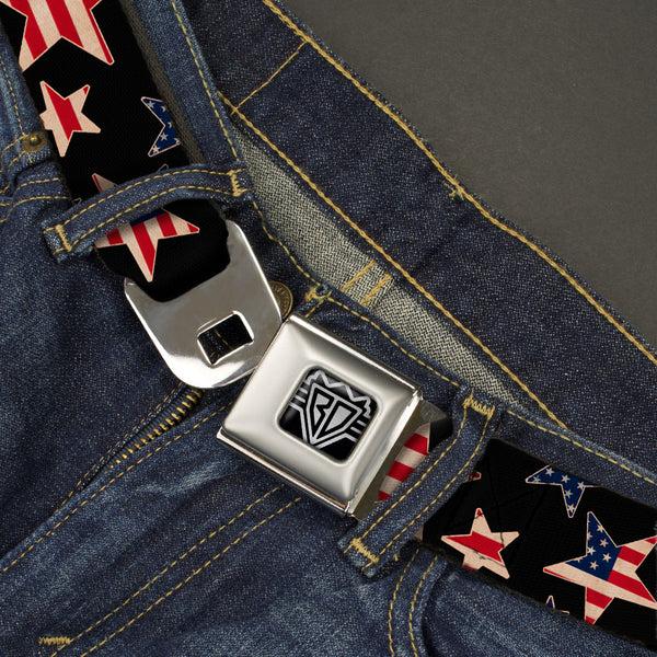 Buckle Down BD Wings Logo CLOSE-UP Full Color Black Silver Seatbelt Belt - Americana Stars & Flags Black/Red/White/Blue Webbing