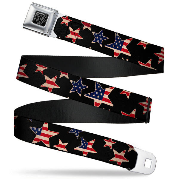 buckle down BD Wings Logo CLOSE-UP Full Color Black Silver Seatbelt Belt - Americana Stars & Flags Black/Red/White/Blue Webbing