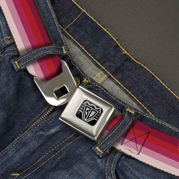 Buckle Down BD Wings Logo CLOSE-UP Full Color Black Silver Seatbelt Belt - Spectrum Pink Webbing