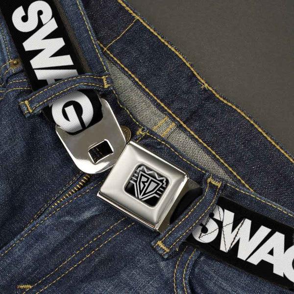 Buckle Down BD Wings Logo CLOSE-UP Full Color Black Silver Seatbelt Belt - SWAG Black/White Webbing