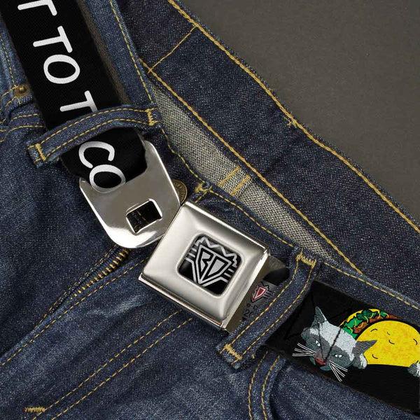 Buckle Down BD Wings Logo CLOSE-UP Full Color Black Silver Seatbelt Belt - Taco Cat I DON'T WANT TO TACO 'BOUT IT Webbing