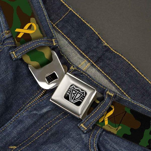 Buckle Down BD Wings Logo CLOSE-UP Full Color Black Silver Seatbelt Belt - Support Our Troops Camo Olive/Yellow Ribbon Webbing