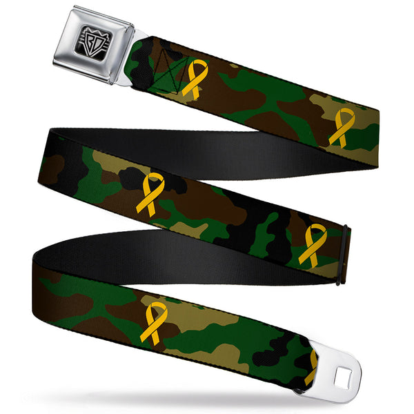 buckle down BD Wings Logo CLOSE-UP Full Color Black Silver Seatbelt Belt - Support Our Troops Camo Olive/Yellow Ribbon Webbing