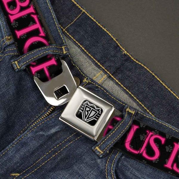 Buckle Down BD Wings Logo CLOSE-UP Full Color Black Silver Seatbelt Belt - ONE OF US IS A BITCH Crown/Paws Black/Gray/Pink Webbing