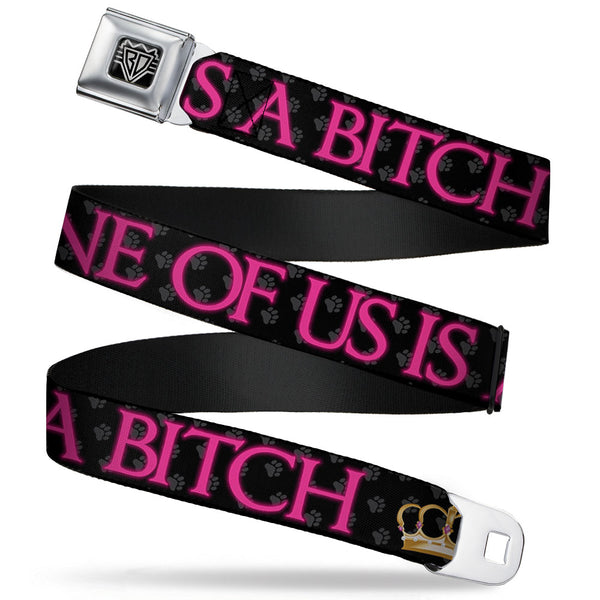 buckle down BD Wings Logo CLOSE-UP Full Color Black Silver Seatbelt Belt - ONE OF US IS A BITCH Crown/Paws Black/Gray/Pink Webbing
