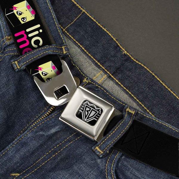 Buckle Down BD Wings Logo CLOSE-UP Full Color Black Silver Seatbelt Belt - LICK ME Battery Cartoon Webbing