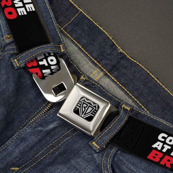 Buckle Down BD Wings Logo CLOSE-UP Full Color Black Silver Seatbelt Belt - COME-AT ME-BRO Black/White/Red Webbing