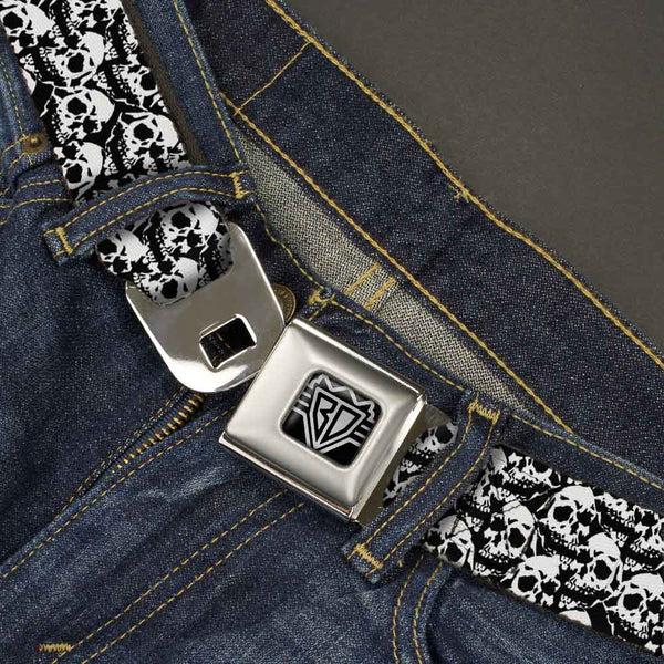 Buckle Down BD Wings Logo CLOSE-UP Full Color Black Silver Seatbelt Belt - Skull Yard Black/White Webbing