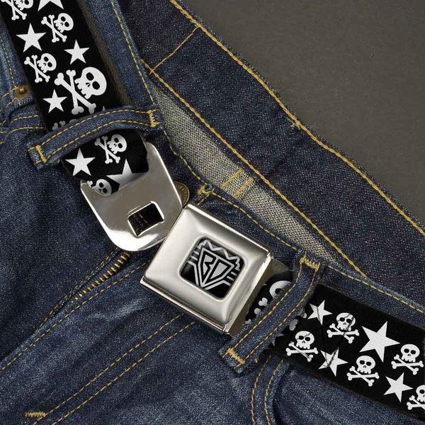 Buckle Down BD Wings Logo CLOSE-UP Full Color Black Silver Seatbelt Belt - Skulls & Stars Black/White Webbing