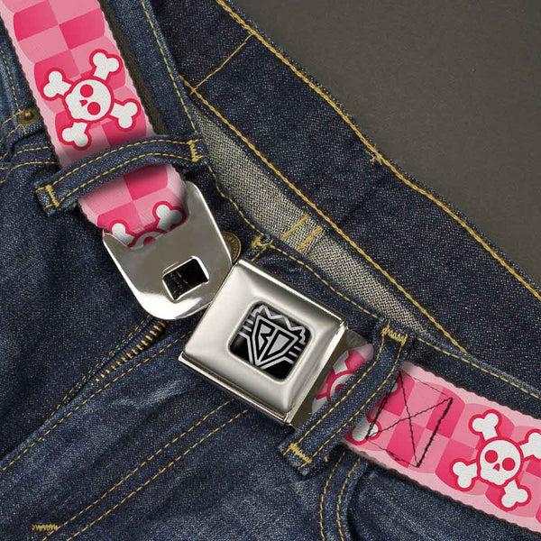 Buckle Down BD Wings Logo CLOSE-UP Full Color Black Silver Seatbelt Belt - Cute Skulls W/Checkers Pinks/White Webbing