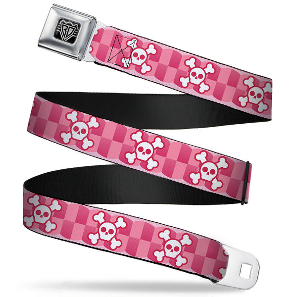 buckle down BD Wings Logo CLOSE-UP Full Color Black Silver Seatbelt Belt - Cute Skulls w/Checkers Pinks/White Webbing
