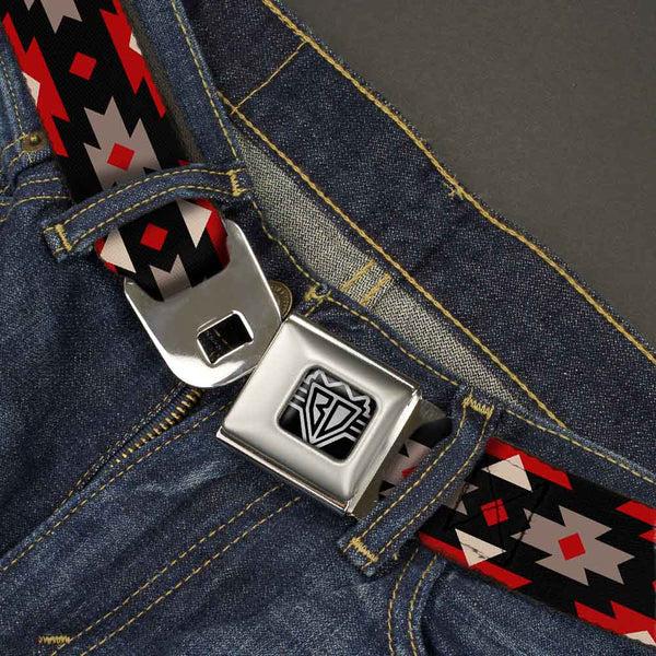 Buckle Down BD Wings Logo CLOSE-UP Full Color Black Silver Seatbelt Belt - Navajo Red/Black/Gray/Red Webbing