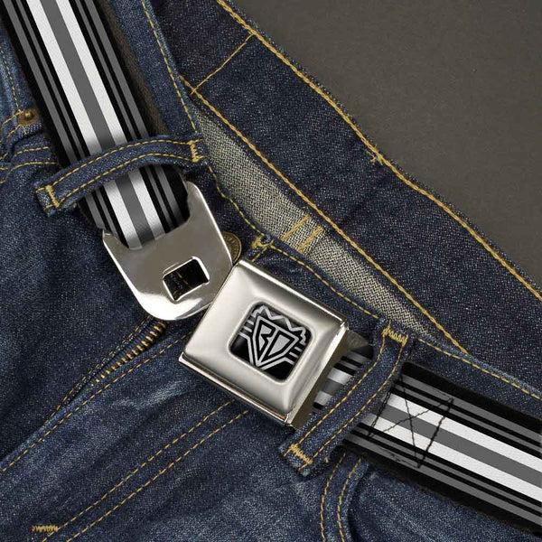 Buckle Down BD Wings Logo CLOSE-UP Full Color Black Silver Seatbelt Belt - Striped Black/Gray/White Webbing