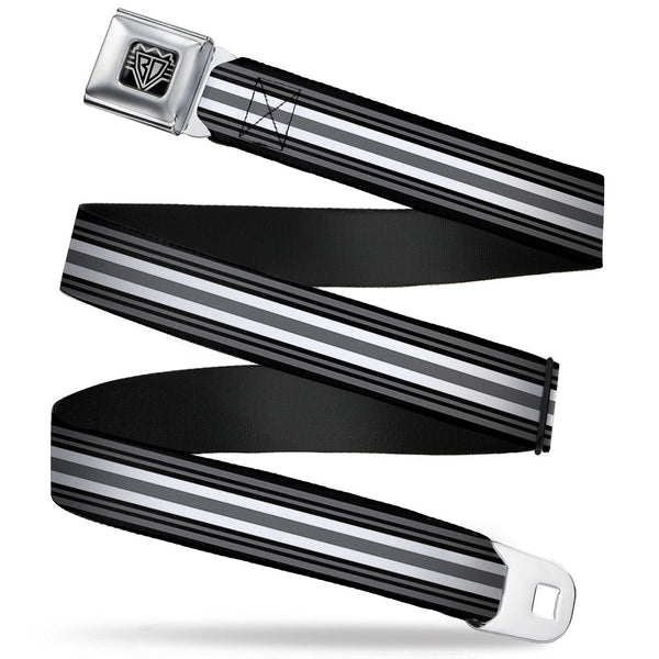 buckle down BD Wings Logo CLOSE-UP Full Color Black Silver Seatbelt Belt - Striped Black/Gray/White Webbing