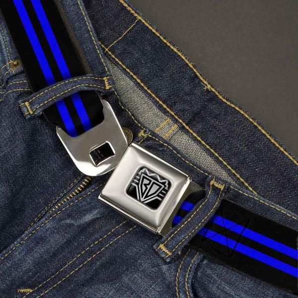 Buckle Down BD Wings Logo CLOSE-UP Full Color Black Silver Seatbelt Belt - Stripe Black/Blue Webbing