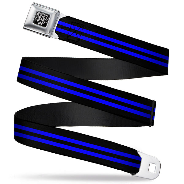 buckle down BD Wings Logo CLOSE-UP Full Color Black Silver Seatbelt Belt - Stripe Black/Blue Webbing